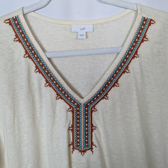 J. Jill sz L Embroidered Embellished V Neck Tee Linen Blend Aztec Top Shirt Tee - Picture 3 of 8